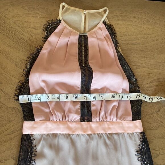 Three Floor Mauve, Pink, & Black Lace Halter Midi Dress with Skirt Pleating - Picture 10 of 11